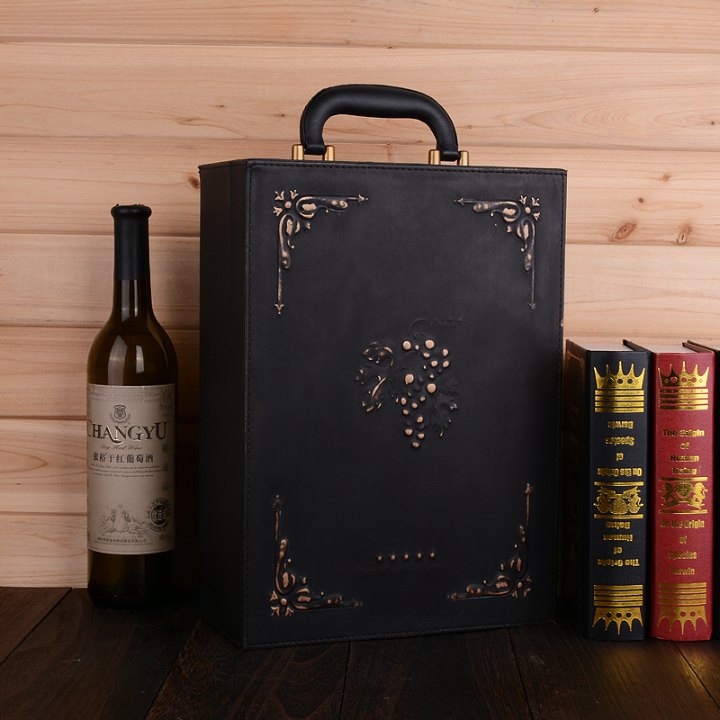 复古金色皮质高档红酒包装盒 现货批发复古金色双支皮质高档红酒葡萄酒包装盒 双支酒盒葡萄酒包装盒