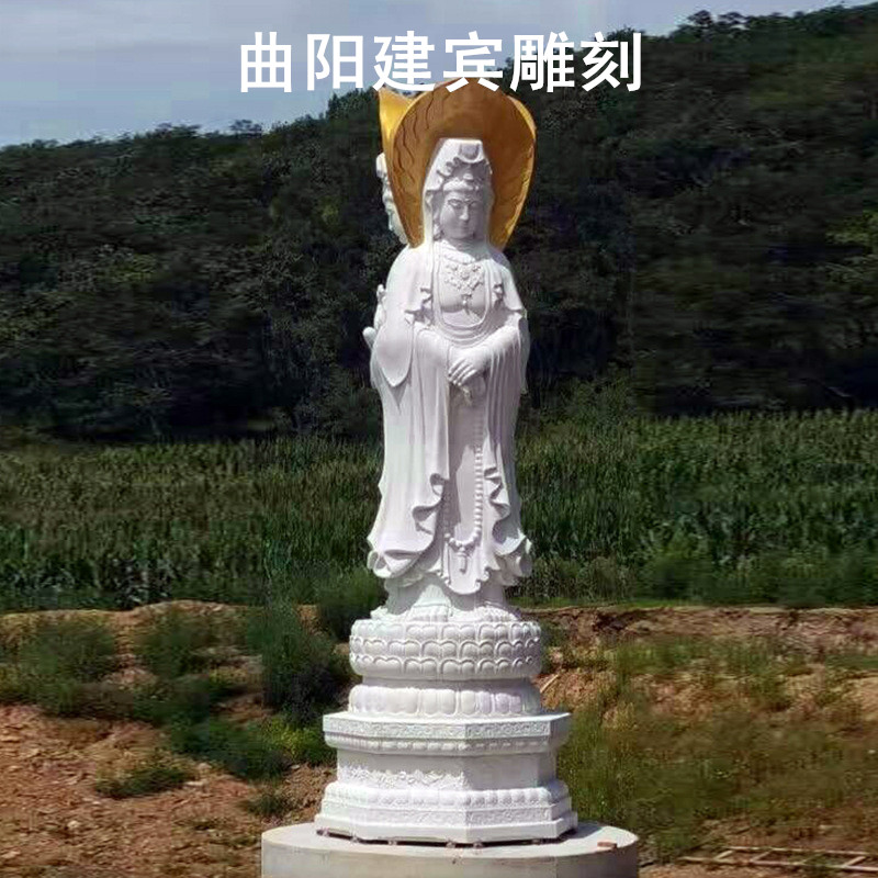 石雕三面观音菩萨雕像,汉白玉石雕三面观音像