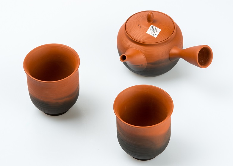 日本AITO常滑烧手作茶壶茶杯3件套朱泥紫砂壶朱黑色图片