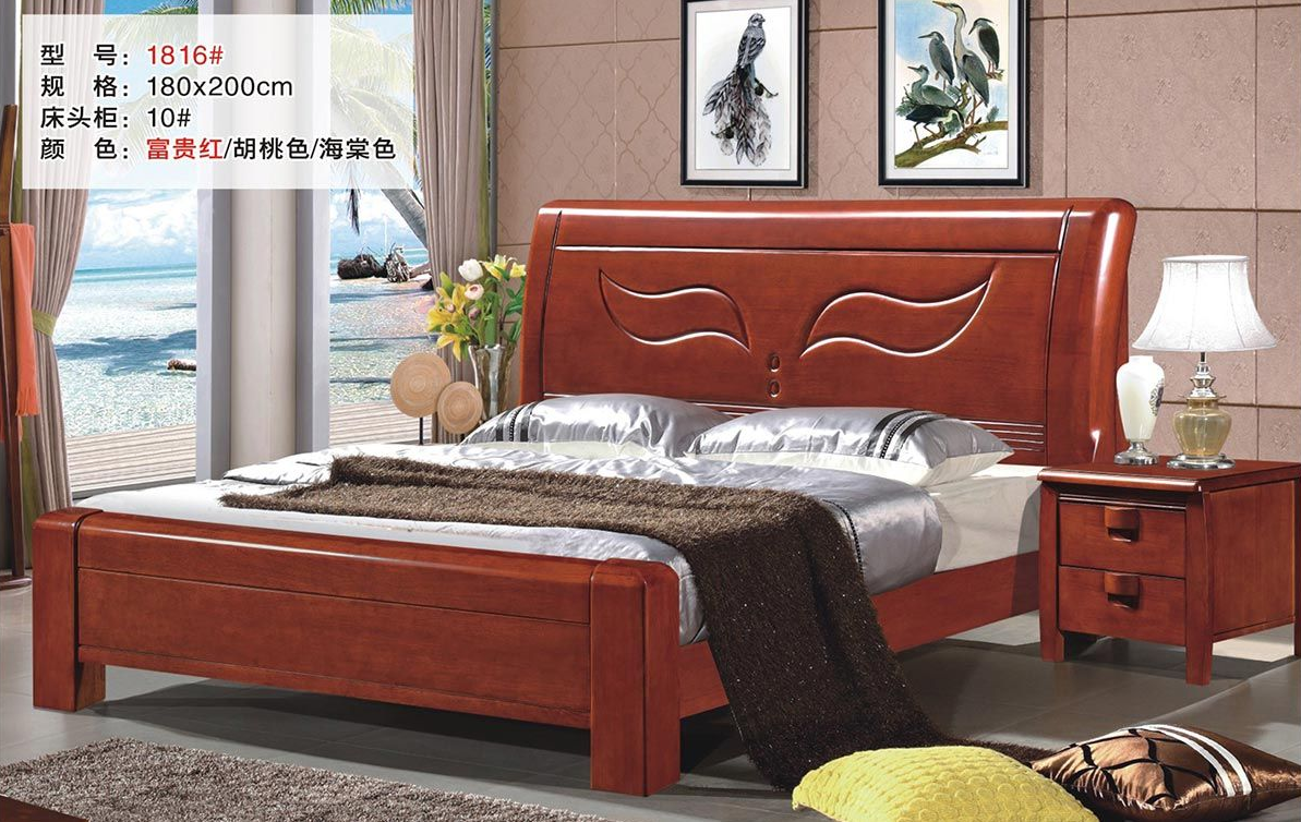 中式经济1.8米双人床高箱储物实木床1816#图片