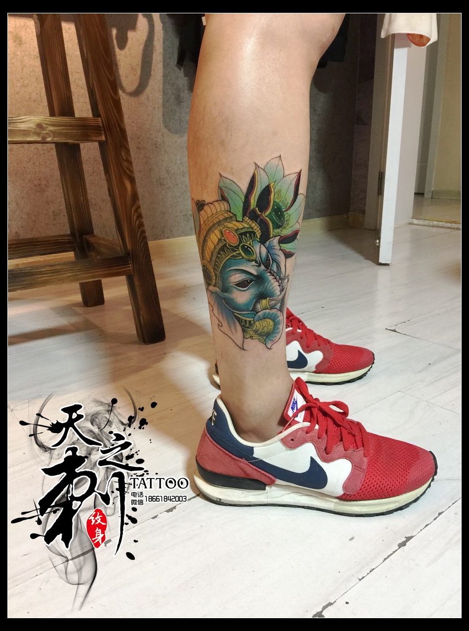 青岛纹身 小腿象神纹身图案