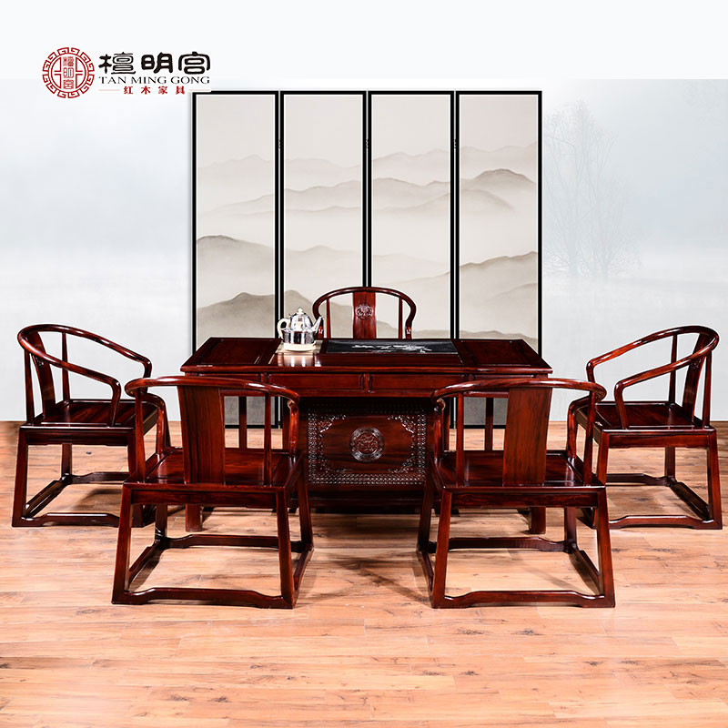 檀明宫红酸枝鸿运茶台六件套古典茶桌椅组合带电磁炉