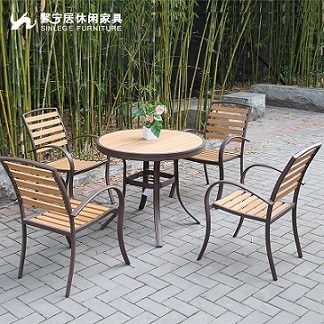 露台桌椅组合咖啡厅奶茶店塑木户外餐饮店桌椅五件套 环保木桌椅X-1103