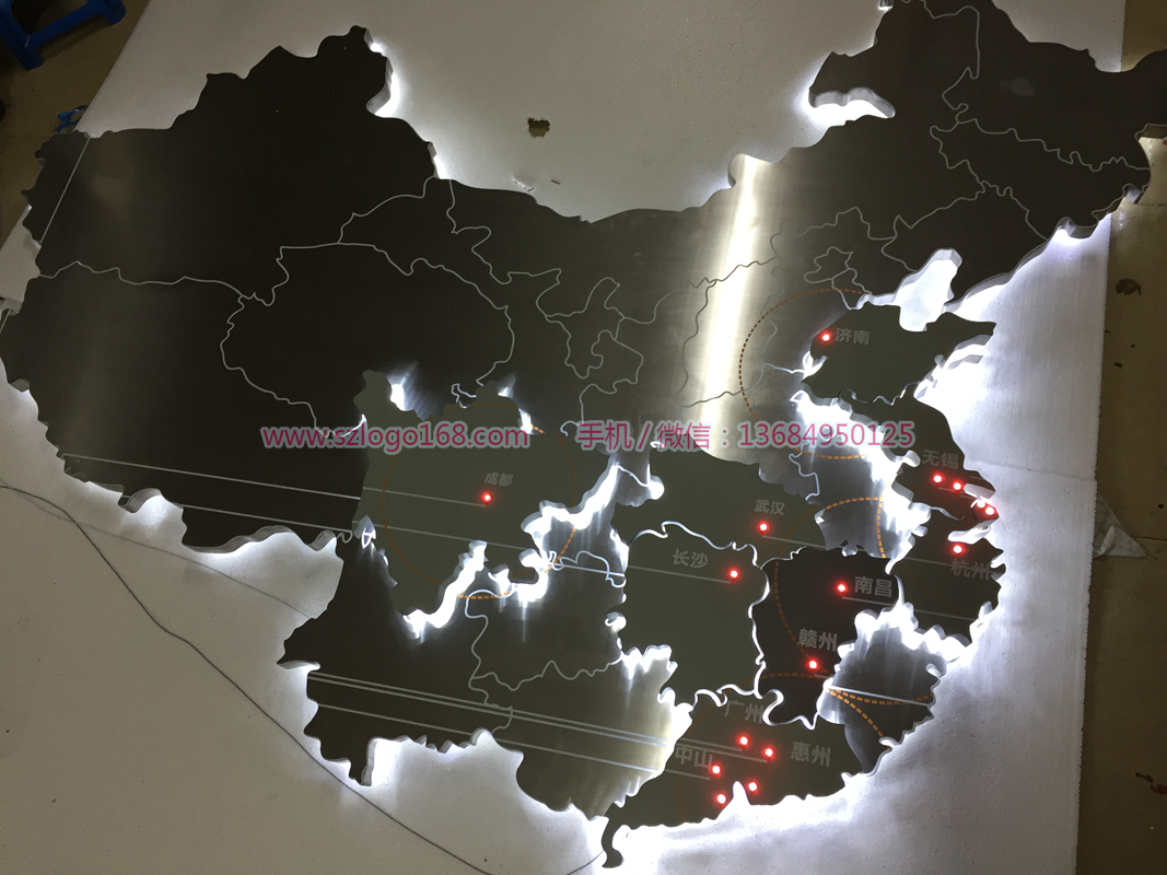 深圳做中国地图发光LOGO 世界地图发光标志 背面发光地图制作厂家图片