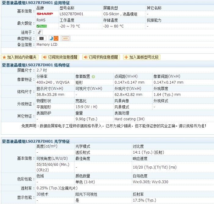 夏普2.7寸液晶模组 LS027B7DH01 液晶屏 工业屏 黑白屏 半透半反