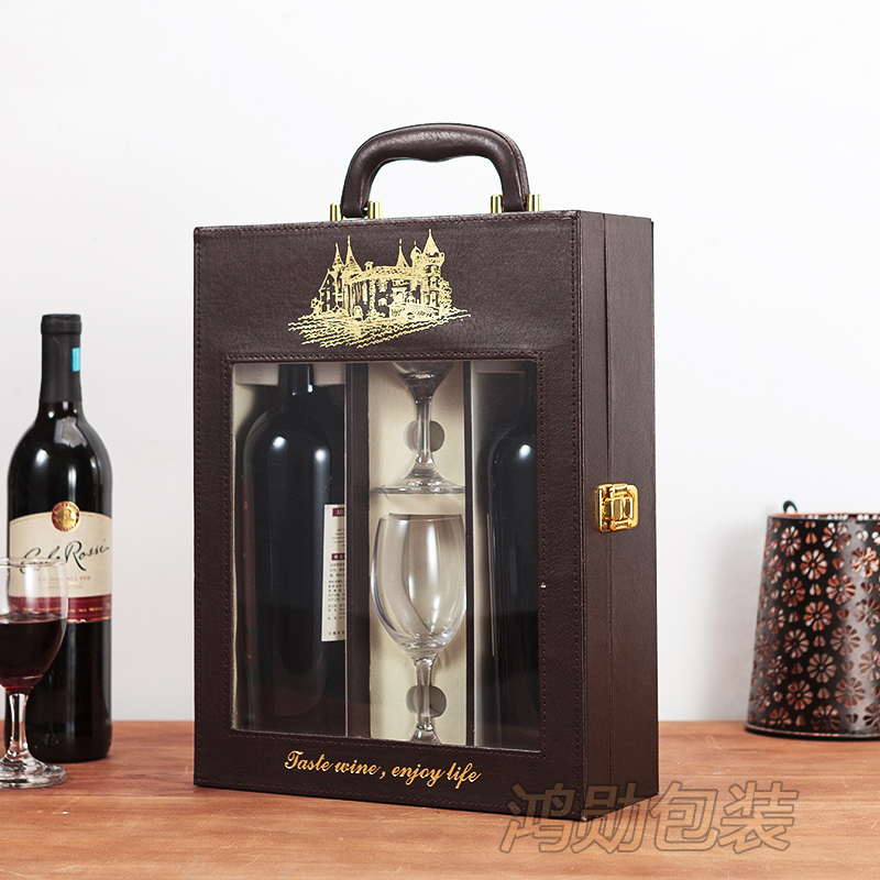 金华市红酒杯盒厂家红酒杯盒现货 带两个红酒杯红酒包装 红酒皮盒 葡萄酒包装盒