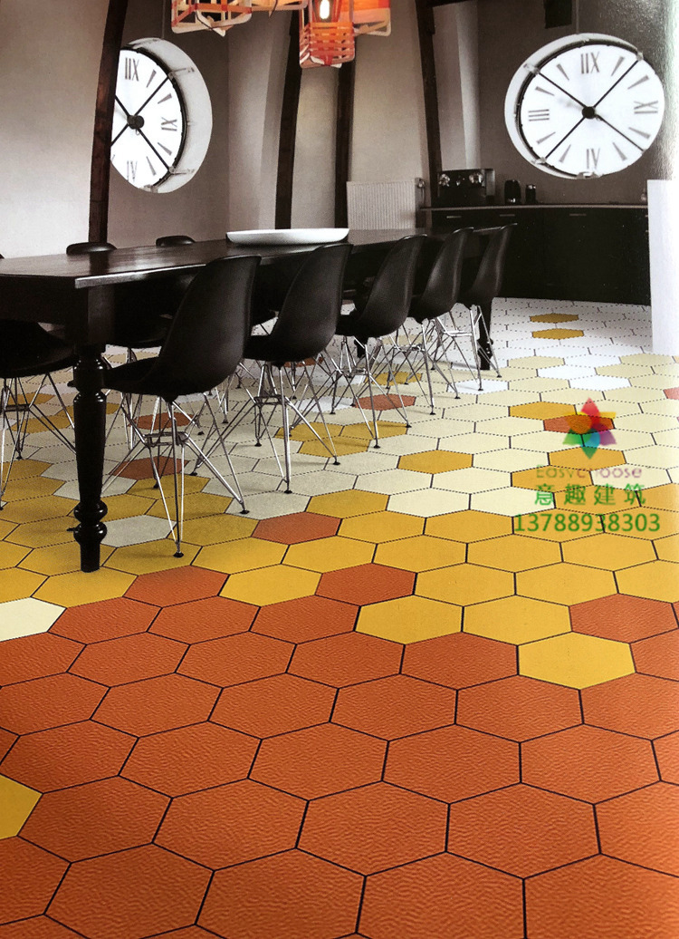 六边形PVC塑胶地板艺术地胶耐磨防滑蜂窝办公餐厅会展创意地板