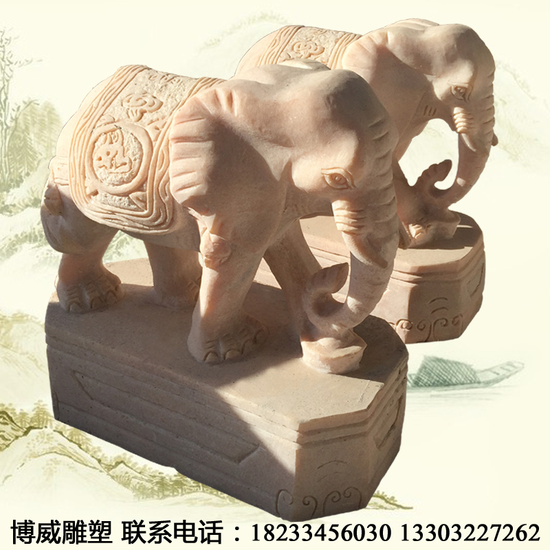 供应石雕晚霞红小象一对看门镇宅汉白玉大象广场公园摆件青石石象厂家直销图片