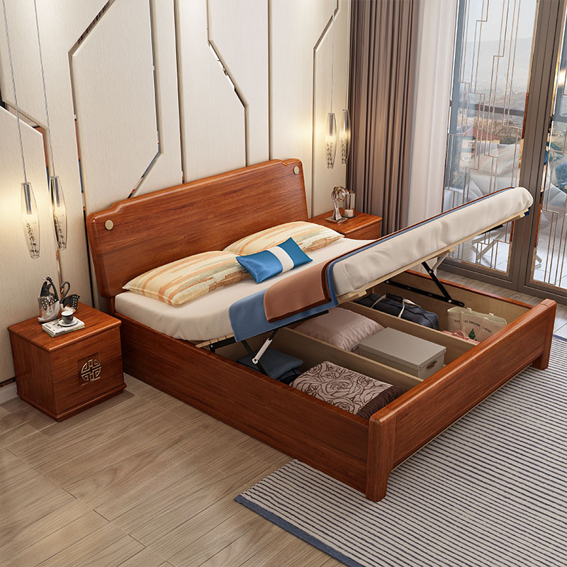江西实木床厂家 中式胡桃实木床双人床 高箱储物抽屉床价格