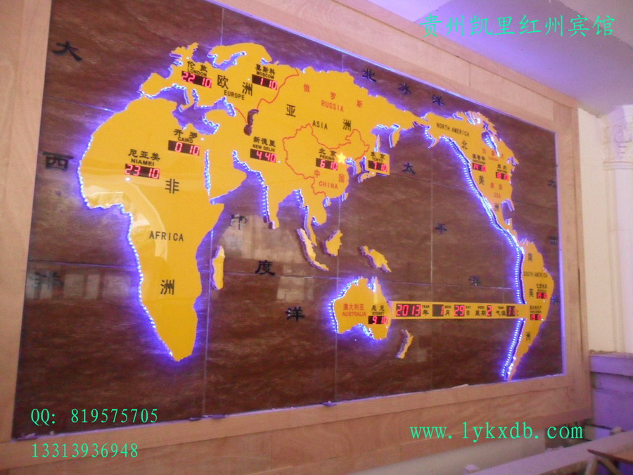 立体世界地图时钟屏酒店大堂前台背景墙装饰 立体世界地图时钟屏