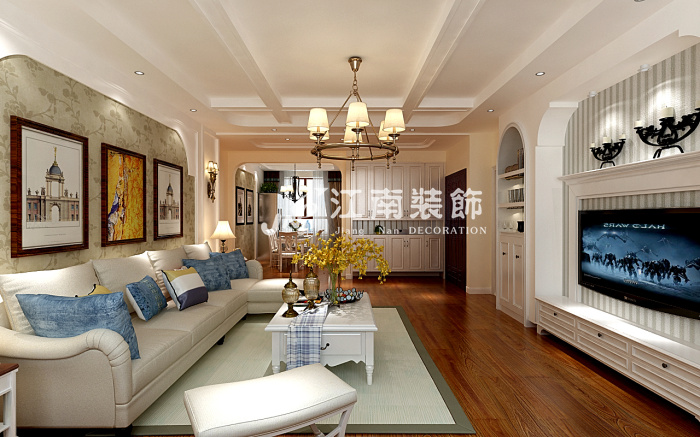 哈尔滨江南装饰打造保利城美式乡村风格85㎡两室一厅装修效果图6图片