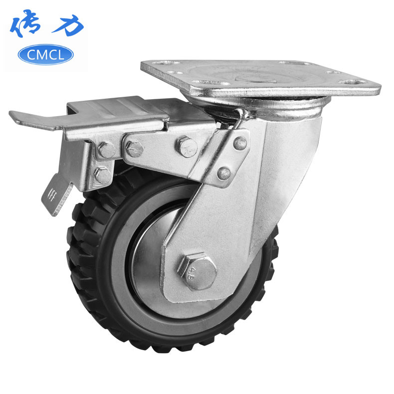 5寸重型脚轮带刹车 轮厚5公分防缠绕耐磨 灰色平板工业轮