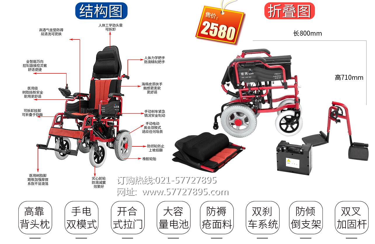 供应宏芮电动轮椅厂HR-5400A 高背电动轮椅 老年电动代步车 超威电池