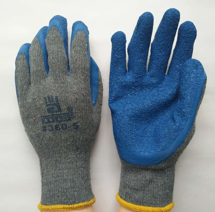 正 品左右手系列#360-5灰纱蓝乳胶皱纹防滑耐磨劳保手套 浸线胶手套图片
