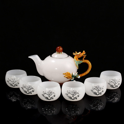 创意珐琅彩神龙功夫茶具白玉瓷套装家用茶壶茶杯七件套礼品定制图片