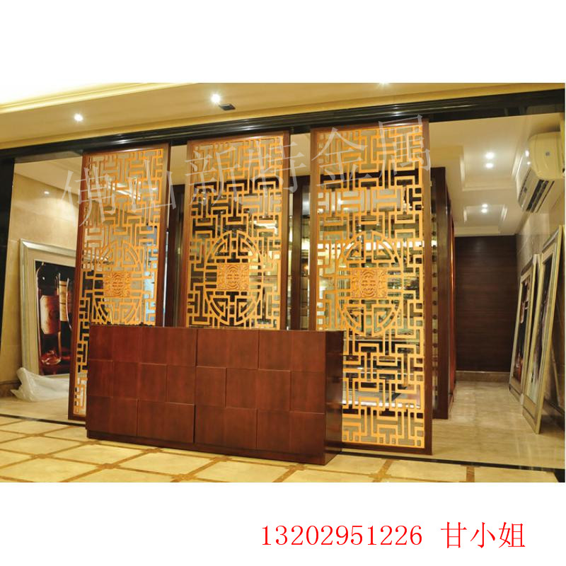 广州酒店玫瑰金铝艺屏风镂空花格隔断装饰图片
