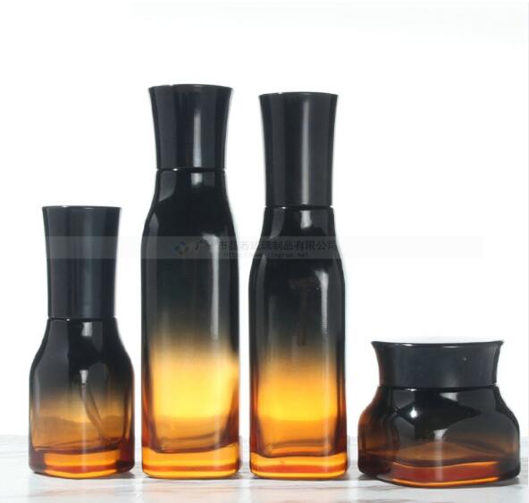 厂家直销 茶色玻璃护肤品套装瓶 40ml乳液瓶 分装瓶 方形批发定制LOGO