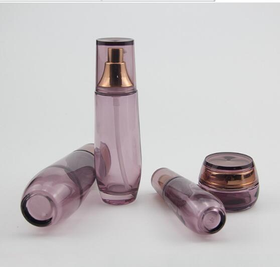 现货热销款 120水乳面霜透紫色配金色泵头紫色外 化妆品套装玻璃瓶