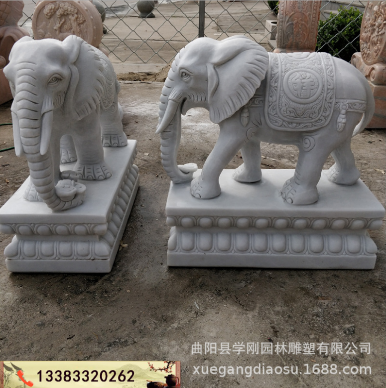 石雕大象 汉白玉一对 晚霞红小象 石象动物雕塑门口摆件厂家直销