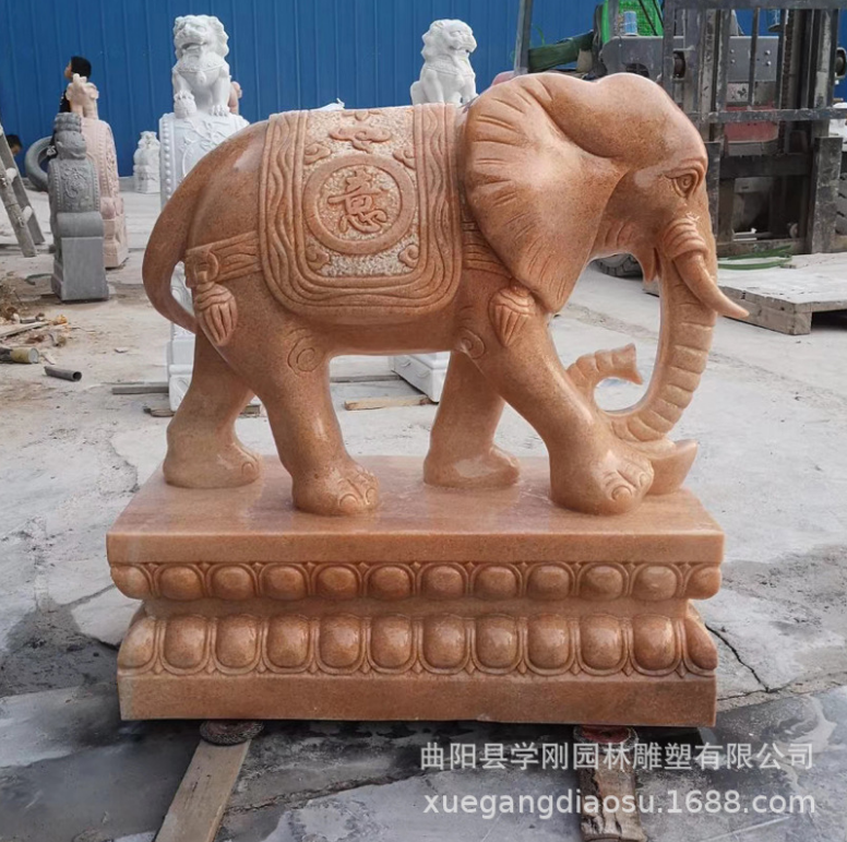 石雕大象 汉白玉一对 晚霞红小象 石象动物雕塑门口摆件厂家直销