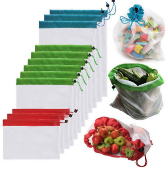 涤纶，RPET网布蔬菜水果袋 杂物收纳网袋 可重复抽绳网袋 束口袋 收纳袋图片