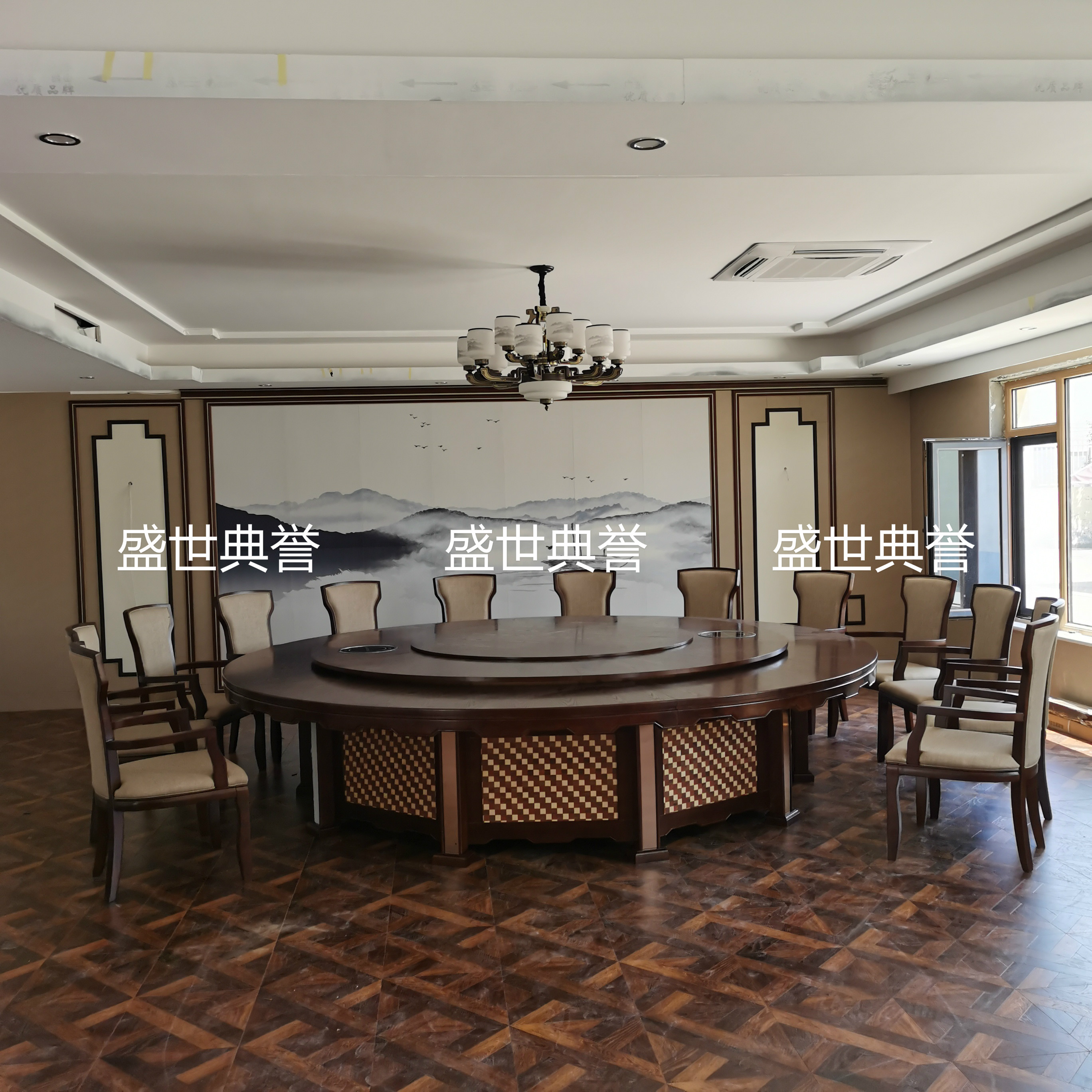 北京饭店包厢实木电动餐桌椅定做 度假酒店新中式20人实木大圆桌