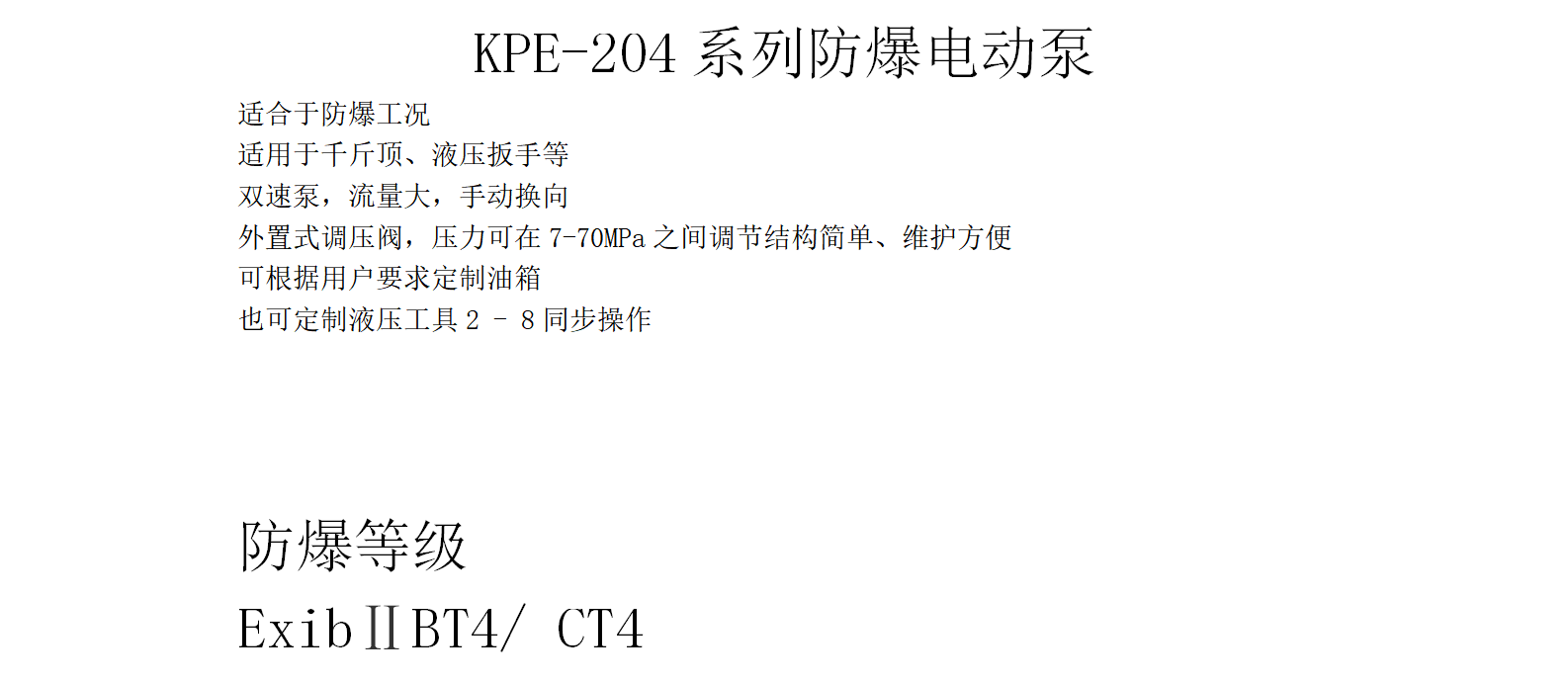 武汉市KPE-204系列防爆电动泵厂家