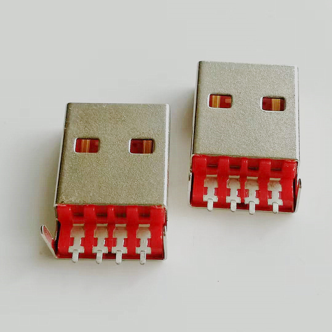 沉板式 USB 2.0正反插公头 4PIN 焊线式 90度两脚插板DIP 两面插 红色胶芯L=18.1