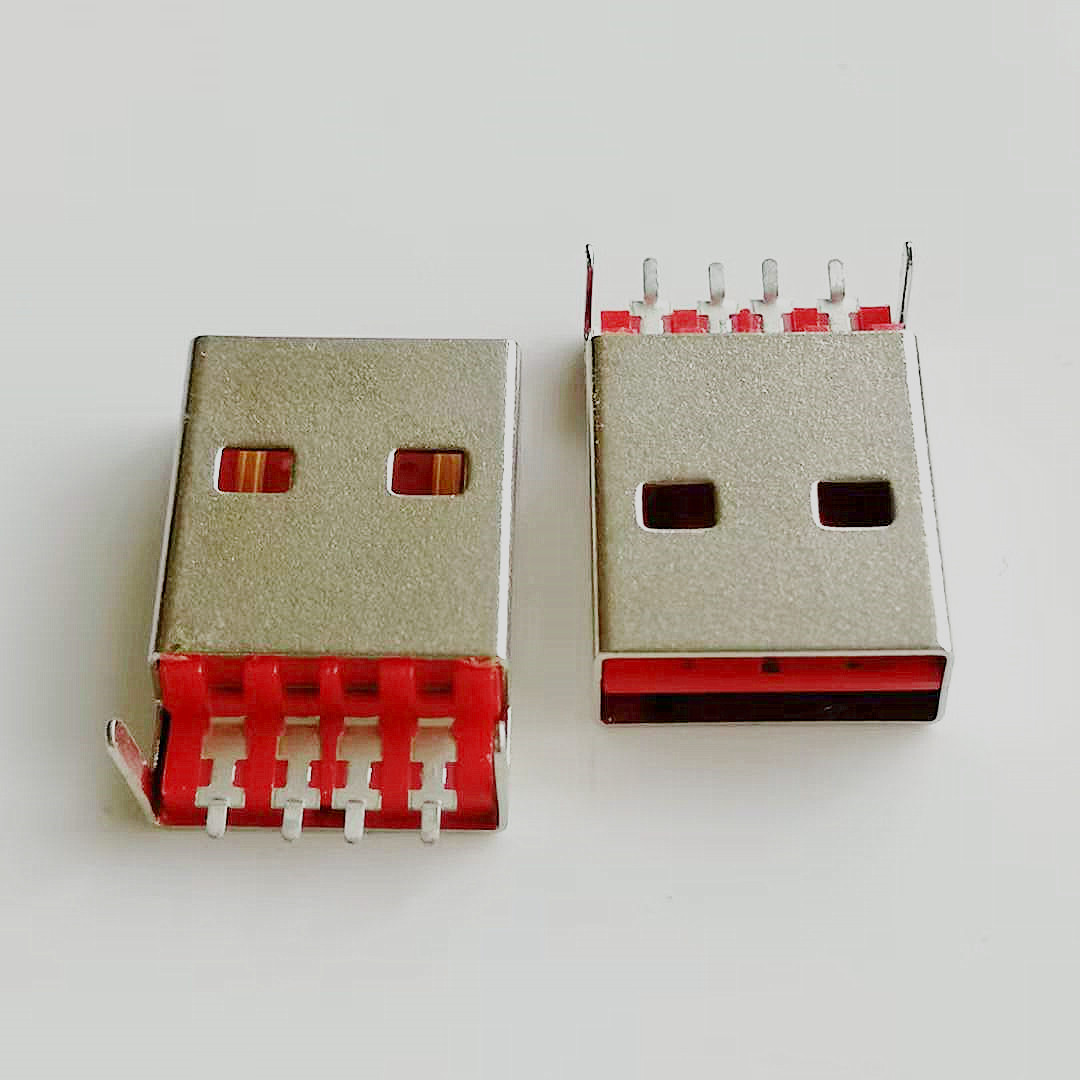 沉板式 USB 2.0正反插公头 4PIN 焊线式 90度两脚插板DIP 两面插 红色胶芯L=18.1
