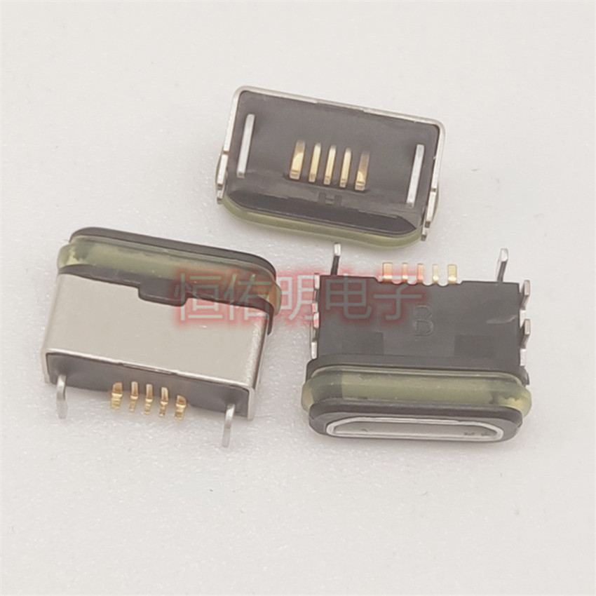 USB MICRO 5P防水母座 六脚插板SMT 90度板上型 带胶圈图片