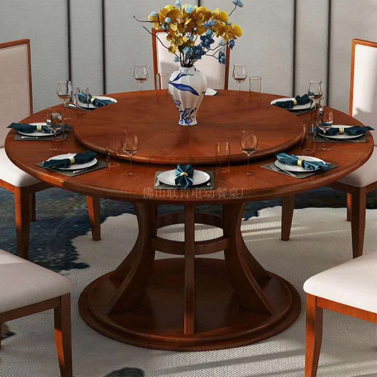 新中式电动餐桌实木餐桌椅 酒店会所餐厅桌椅转盘 多人大圆桌