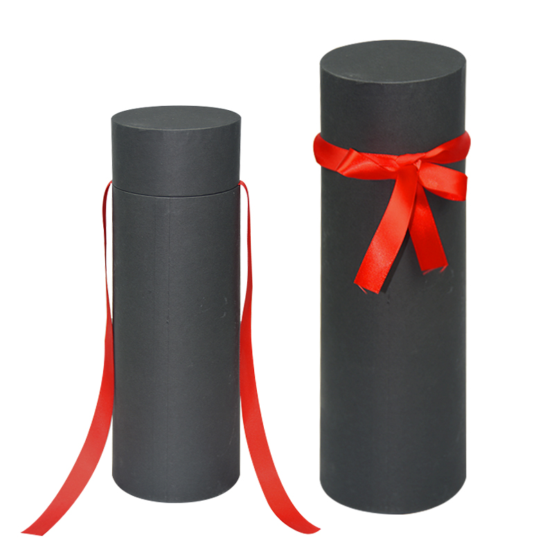 YB120506 黑色纸罐红色丝带礼品盒精美包装纸筒创意设计纸罐定做