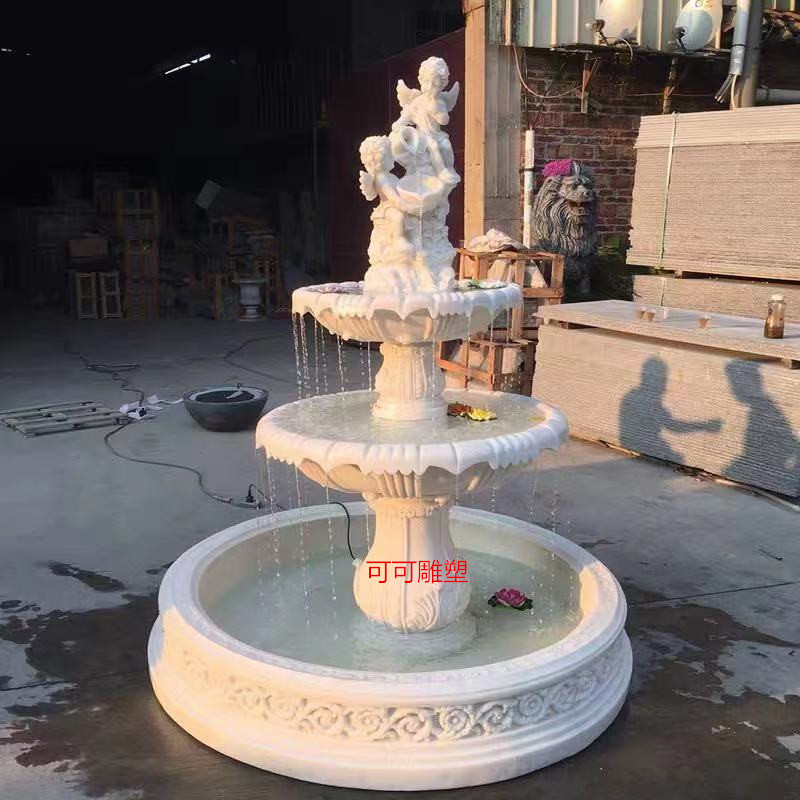 人造砂岩流水喷泉小天使雕塑摆设|定制流水景观喷泉|长沙欧式天使喷泉厂家
