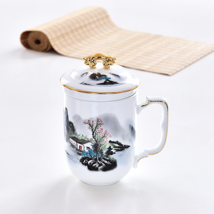 描金骨瓷马克杯带盖茶水分离办公室水杯家用过滤泡茶杯定制logo图片