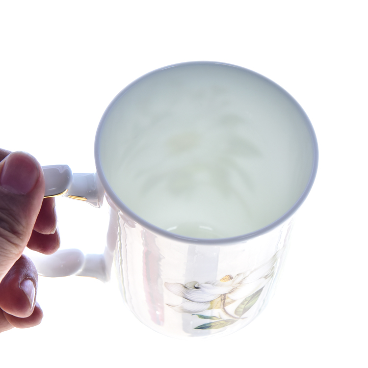 描金骨瓷马克杯带盖茶水分离办公室水杯家用过滤泡茶杯定制logo