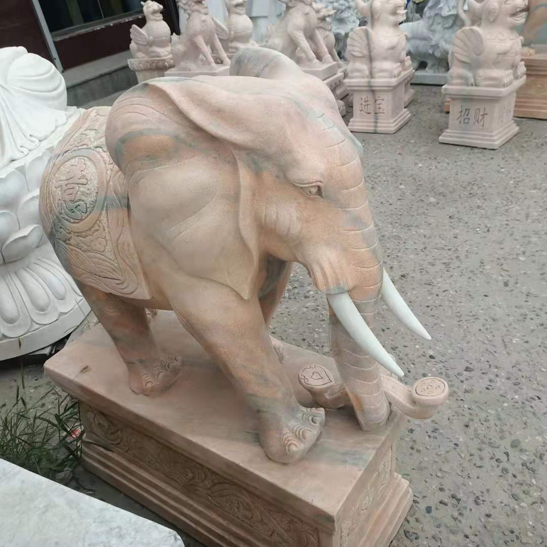 石雕大象汉白玉晚霞红石象一对镇宅酒店门口招财吸水象 石雕大象厂家