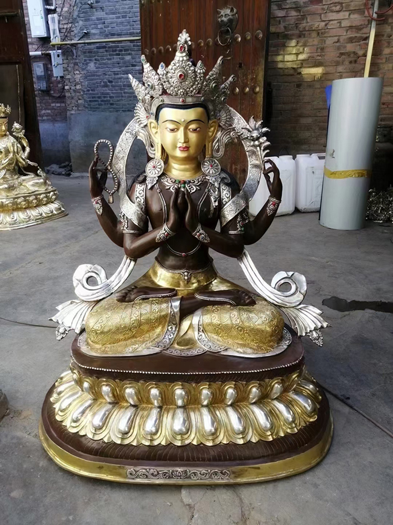唐县藏佛厂家定做纯铜大型藏传寺庙铸铜1米四臂观音佛像黄财神密宗佛像