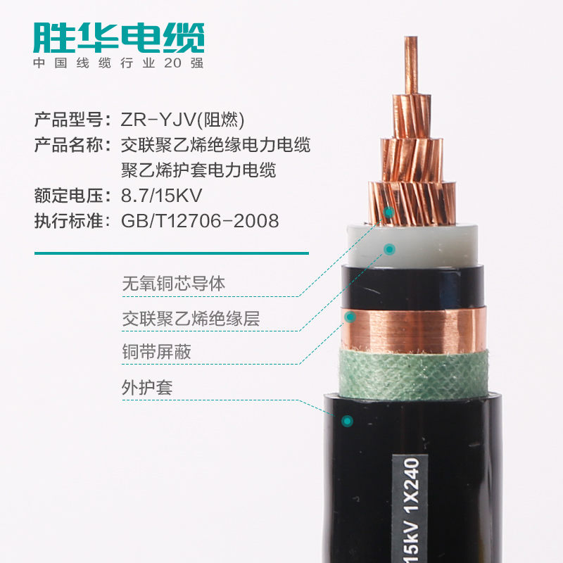 电线电缆 ZR-YJV-8.7/15KV交联铜电缆 防火阻燃电缆厂家