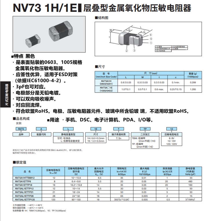 KOA压敏电阻器NV73A1JTTE12层叠型金属氧化物高精密车规级