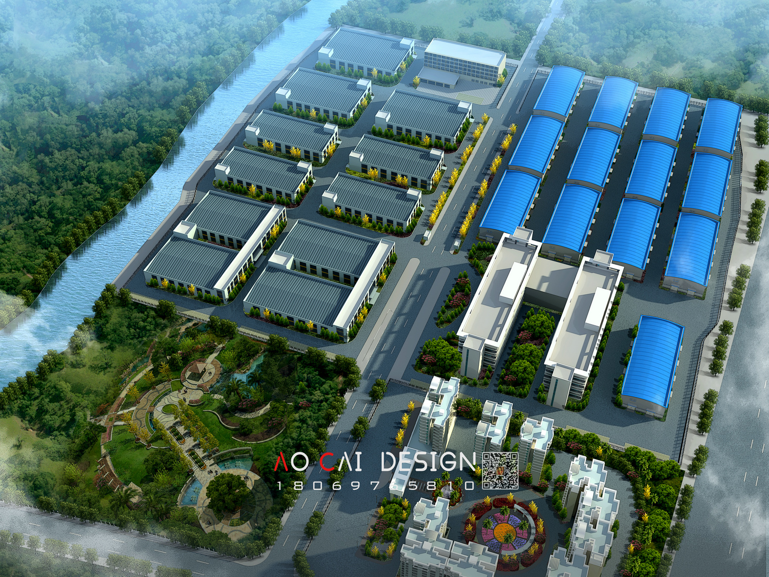 工业厂房鸟瞰图设计，厂房规划鸟瞰图，园林景观设计