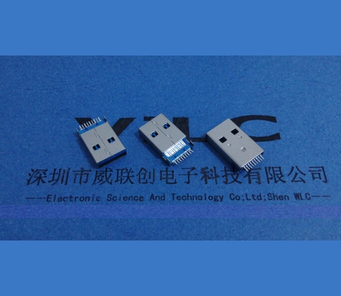 沉板1.85mm USB3.0公头 AM 贴板SMT 无柱 镀金15U 蓝色胶芯 9P公头