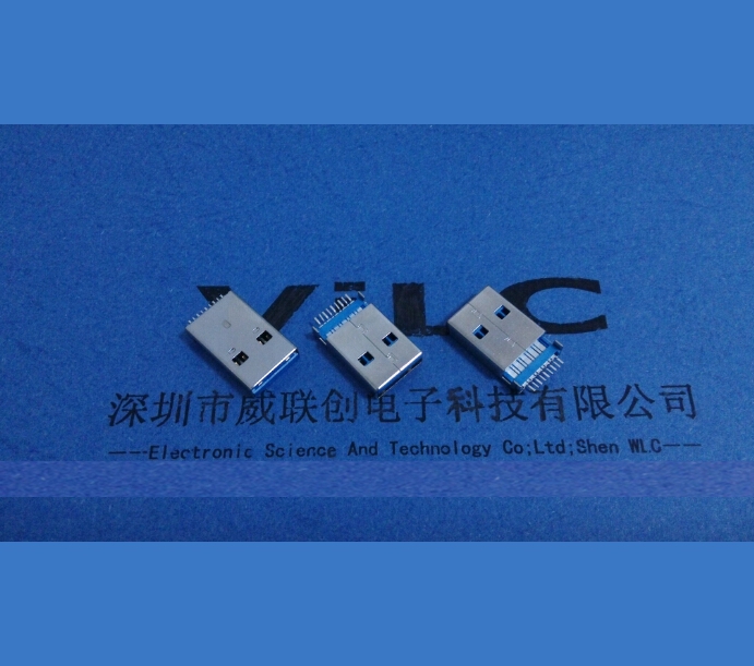 沉板1.9 USB3.0公头 AM180度 SMT贴片 有柱 镀金15U 蓝色胶芯 9P公头