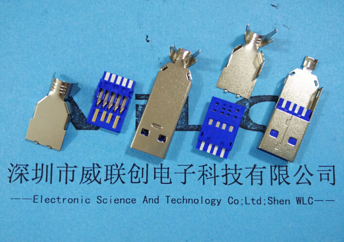 深圳威联创供应 USB3.0母座 AF侧插90度DIP 蓝色胶芯 无卷边 斜尾