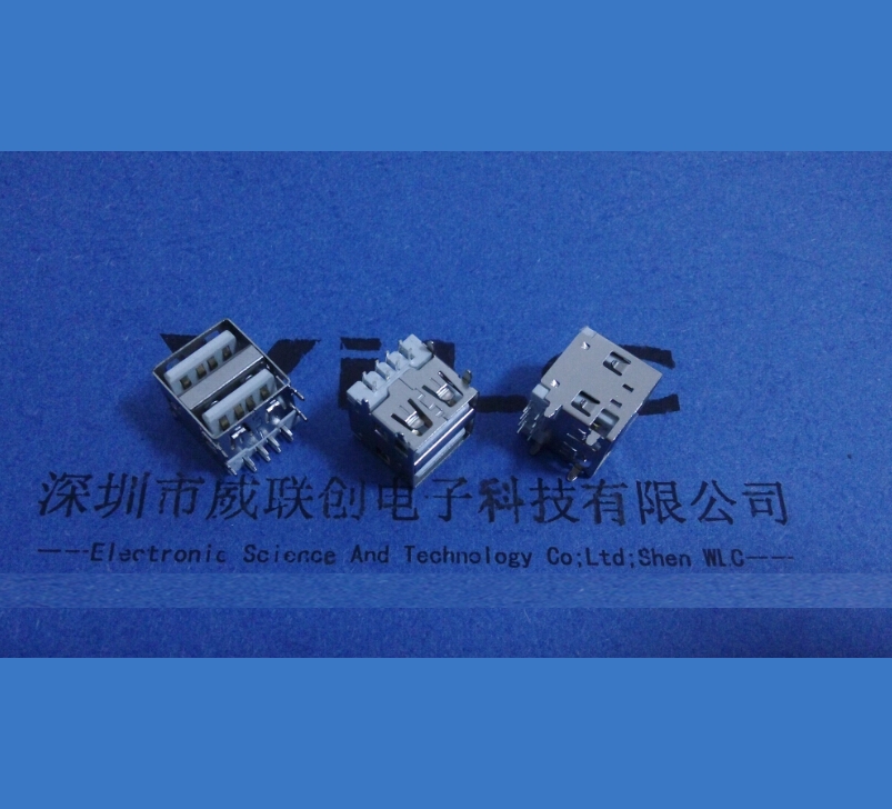 AF90度 双层USB2.0连接器 短体11.5正向 两脚DIP有卷边双层USB A母