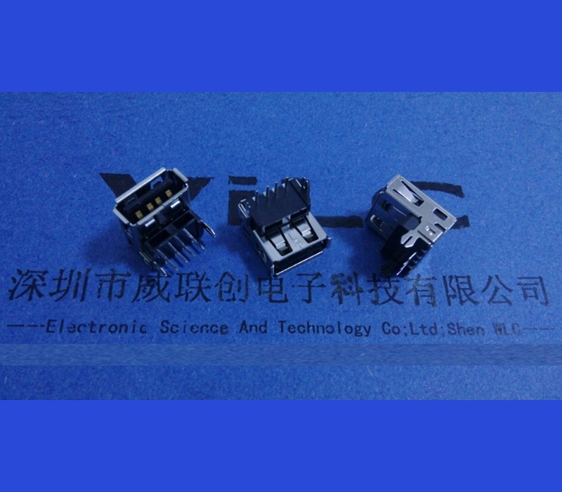 AF沉板破板式90度USB2.0母座 下沉3.5-3.9-4.9LCP黑色有卷边USB连接器