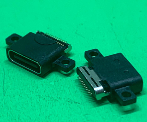 沉板式TYPE C母座 24PIN贴片SMT 90度 带固定孔 防水USB3.1插座