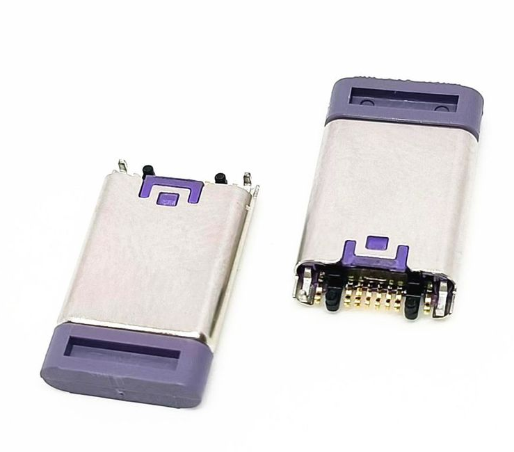 TYPE-C公头 6P沉板贴片紫色胶芯 90度两脚DIP插板 端子SMT 10.75长
