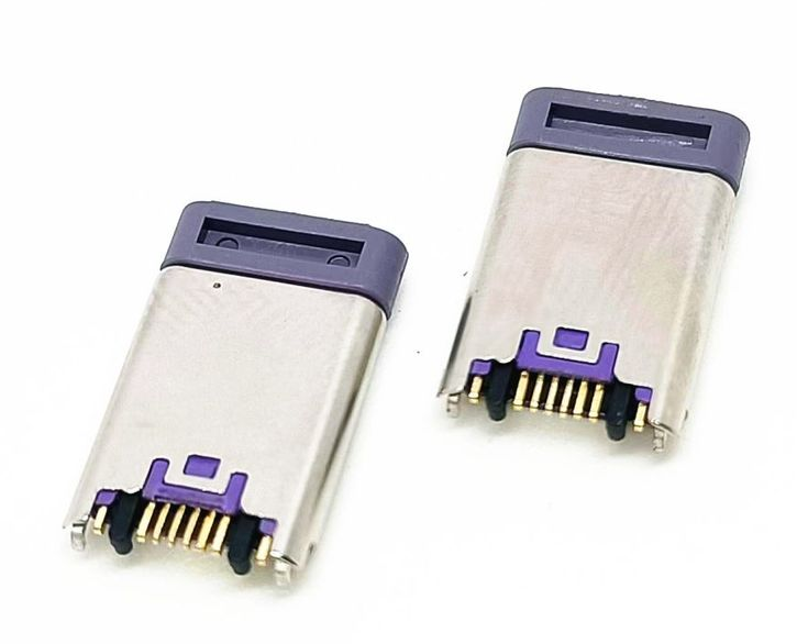 TYPE-C 6P沉板贴片USB3.1公头 紫色胶芯 90度两脚插板 端子SMT 10.75长