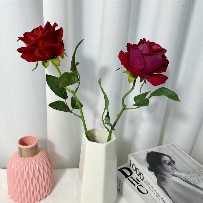 小单枝新枚仿真花绒布玫瑰人造花绿植手艺品装饰玫瑰厂家图片