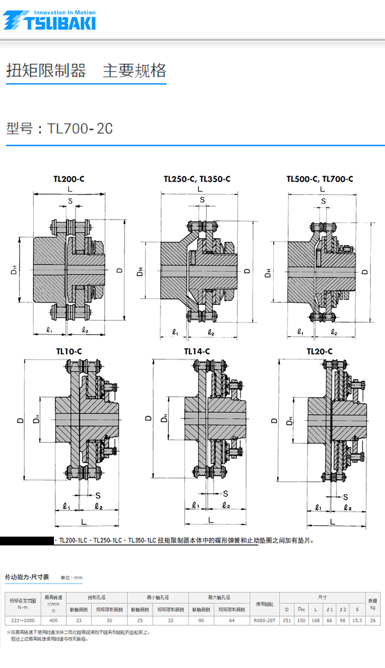 椿本TSUBAKI机械式保护机器扭矩限制器安全离合器TL700-2C